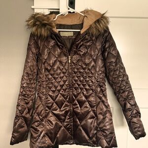 Brown almost metallic quilted jacket  fur trimmed hood